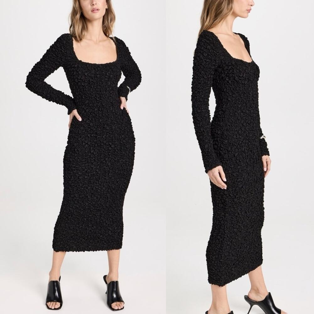 Mara Hoffman Amy Square-Neck Midi Smocked Bodycon Dress Black NWT size XXS